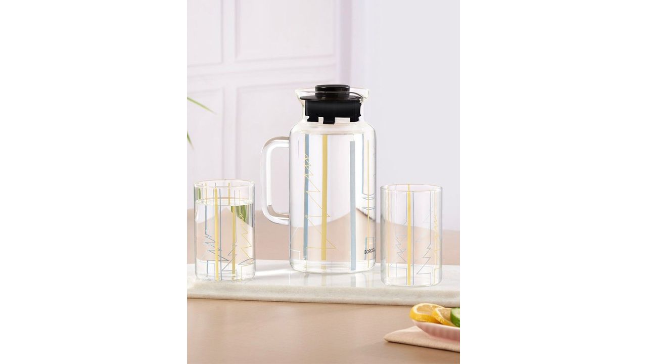 BOROSIL Artisan Transparent Borosilicate Multipurpose Jug 1L & 2-Pcs Vision Glass 295 ML