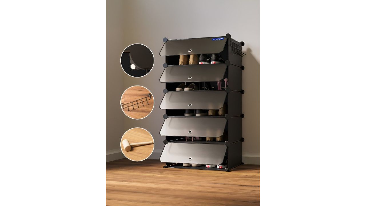 BOXJOY Black Waterproof & Dustproof 5-Shelf Shoe Rack With Doors
