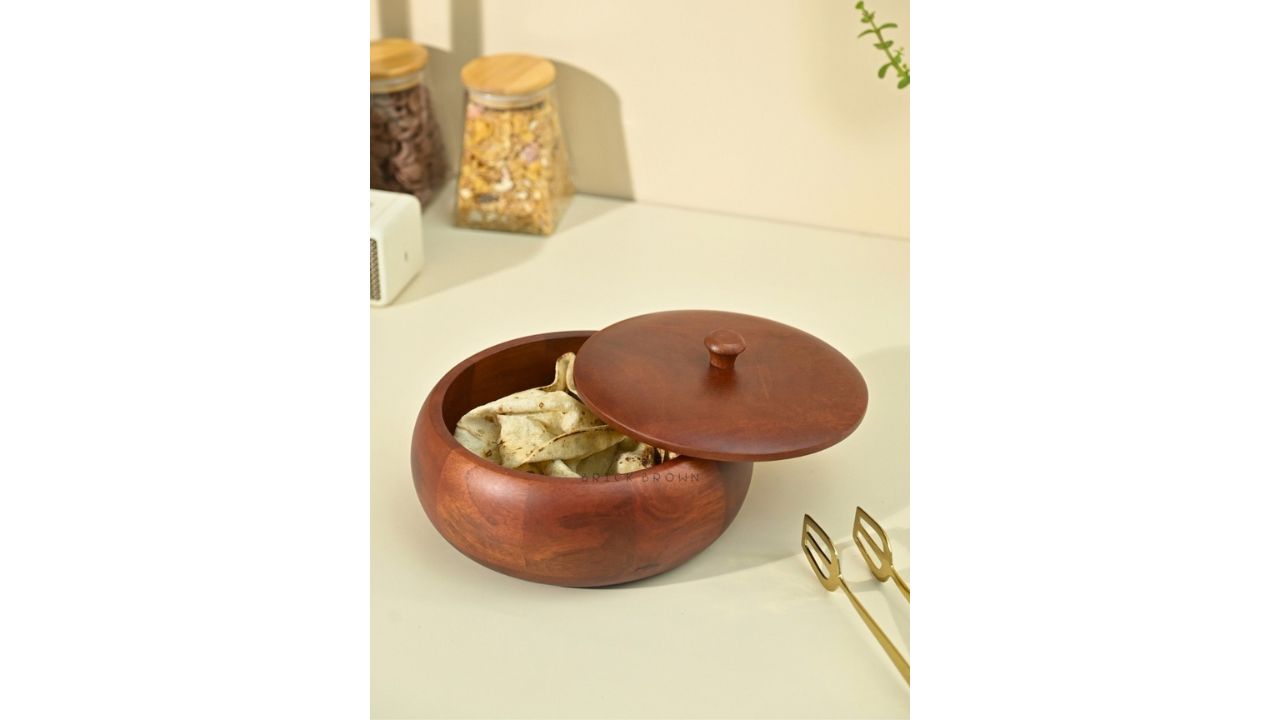 BRICK BROWNBrown Mahogany Wood Roti Serving Casserole