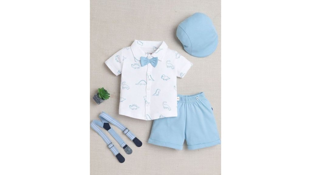 BUMZEE Infants Boys Printed Pure Cotton Shirt With Shorts And Bow Cap Suspenders