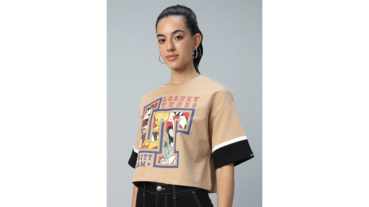 Bewakoof Heavy Duty Women Brown Varsity Team Graphic Printed Oversized Short Top