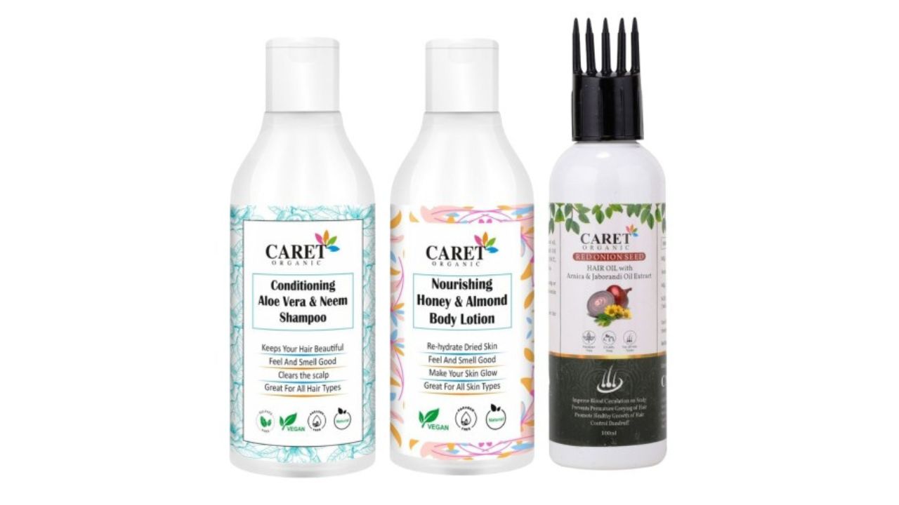 CARET ORGANIC Set of 3 Shampoo, Hair Oil & Almond Body Lotion
