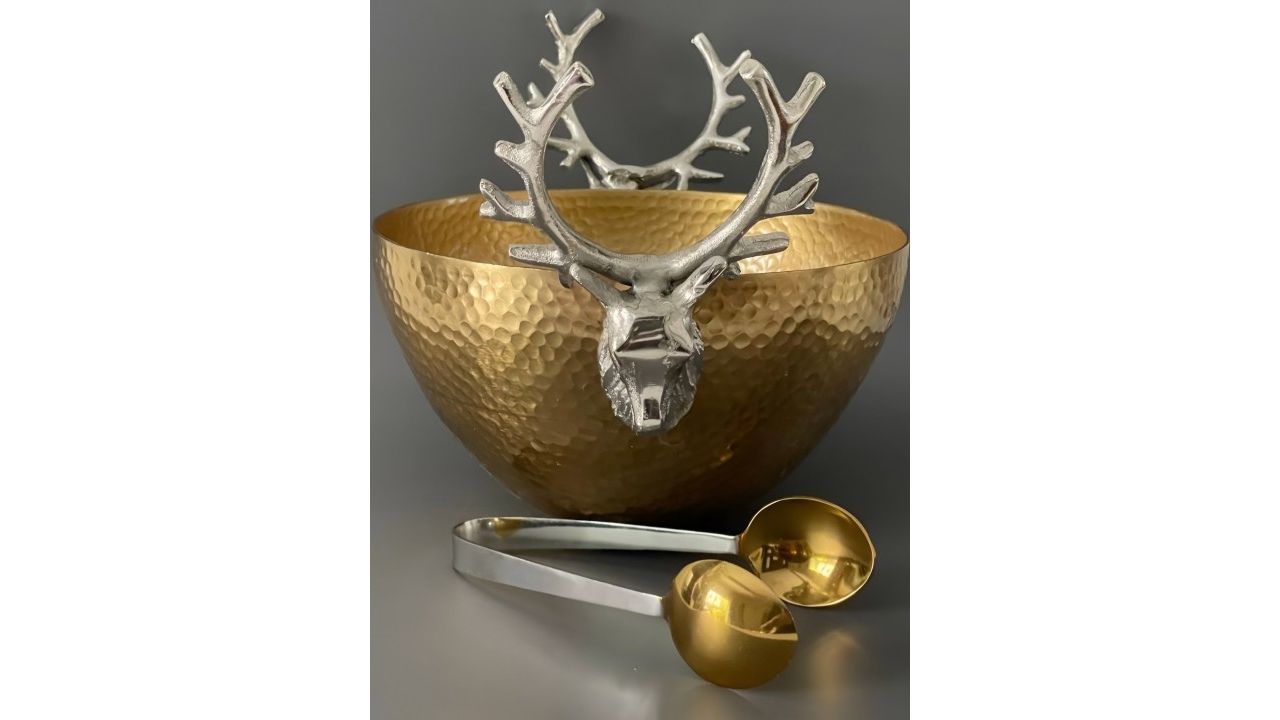 CasaGold Brass Stag Head Serving Bowl & Tongs