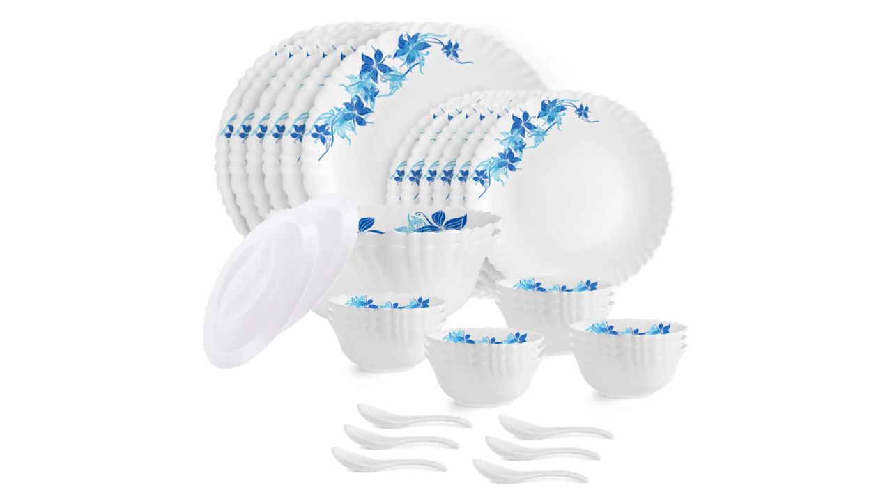 Cello Pack of 34 Opalware Dazzle Series Swirl Crockery|Dishwasher|Light-Weight Dinner Set