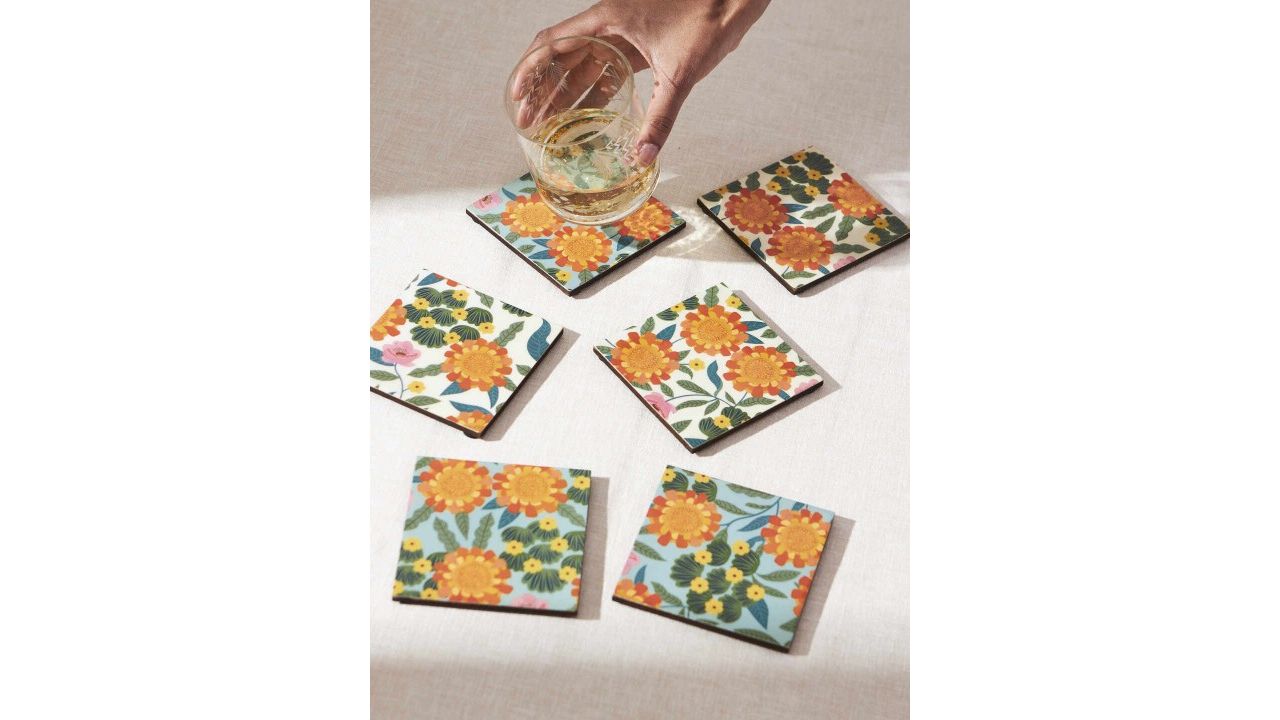 Chumbak Assorted Orange 6 Pieces Marigold Printed Coasters