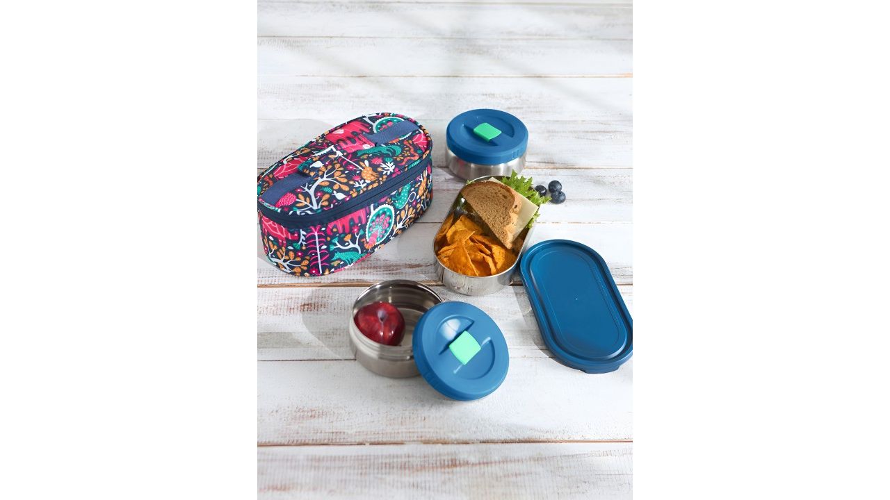 Chumbak Blue & Pink 4Pieces Printed Leak Proof Lunch Box