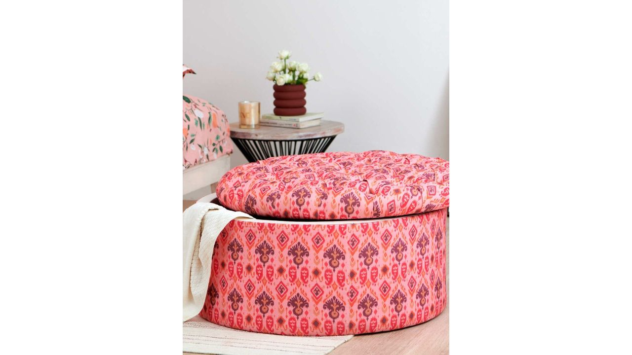 Chumbak Bohemian Peach-Colored & Blue Printed Round Ottoman