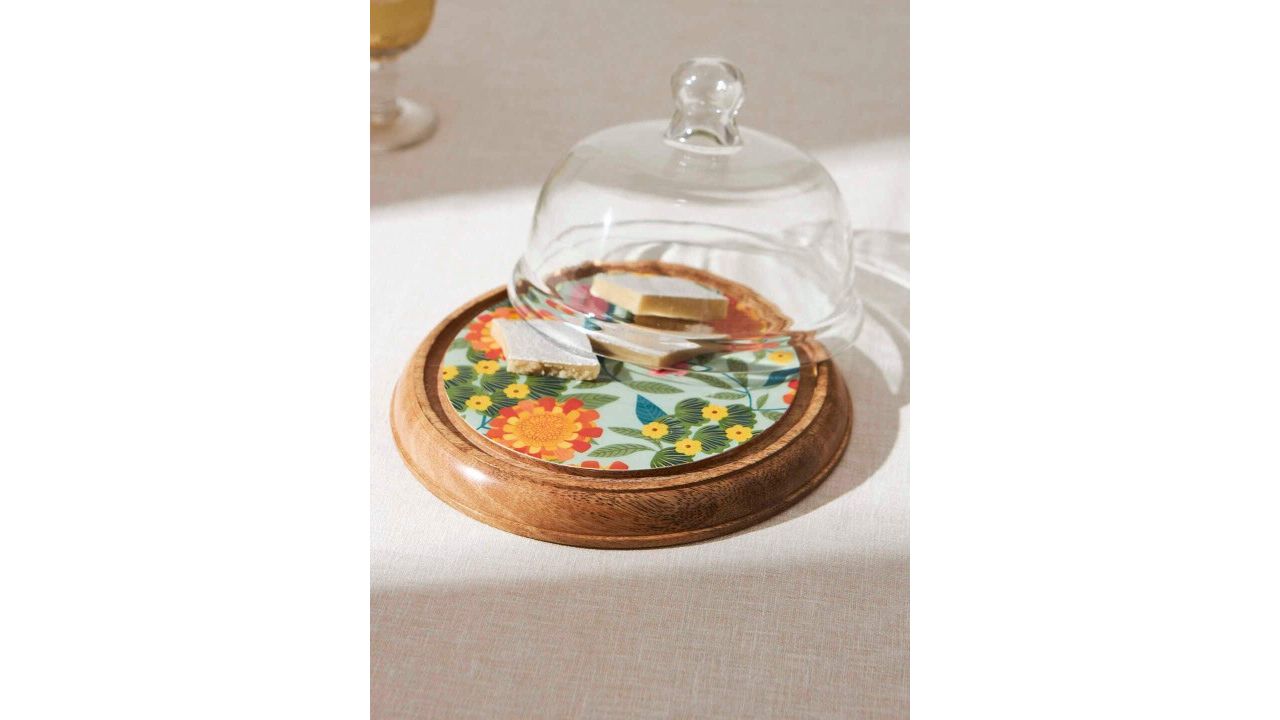 Chumbak Marigold Blue & Green Printed Wood Cake Cloche