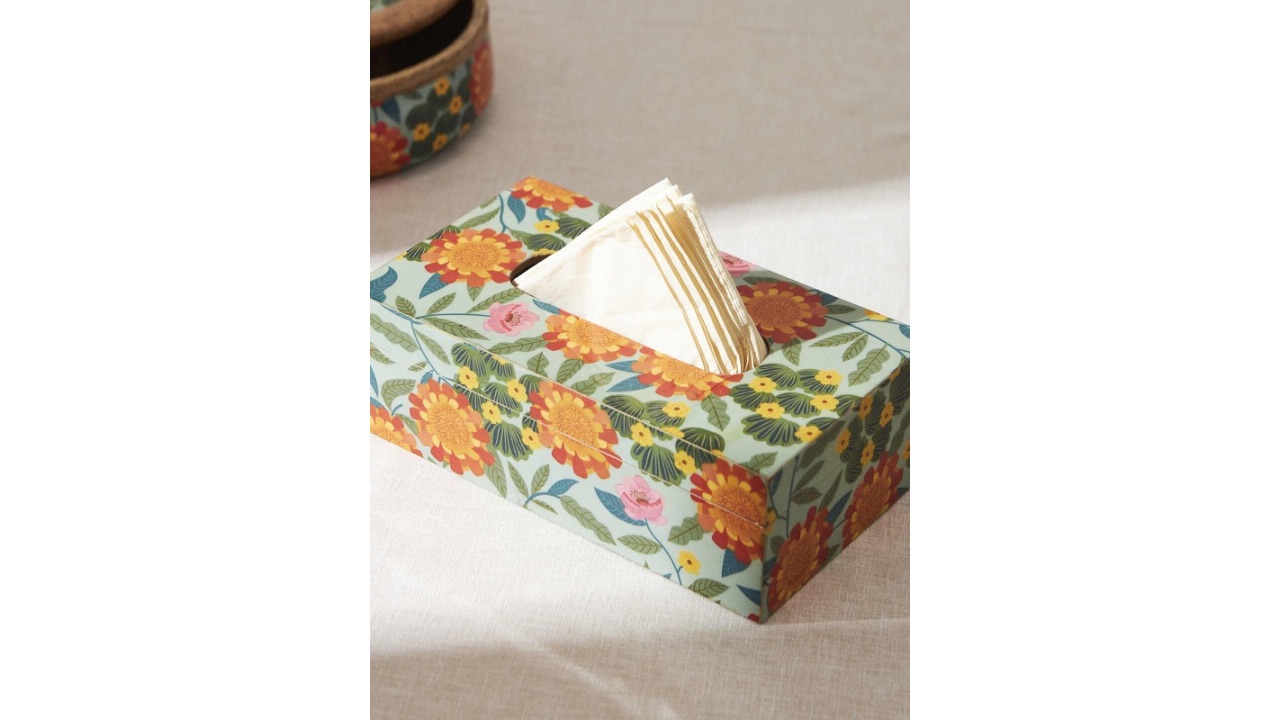 ChumbakBlue & Red Printed Wooden Tissue Holder