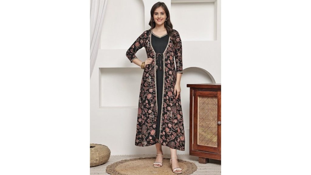 Claura A-Line V-Neck Sleeveless Maxi Dress With Printed Jacket