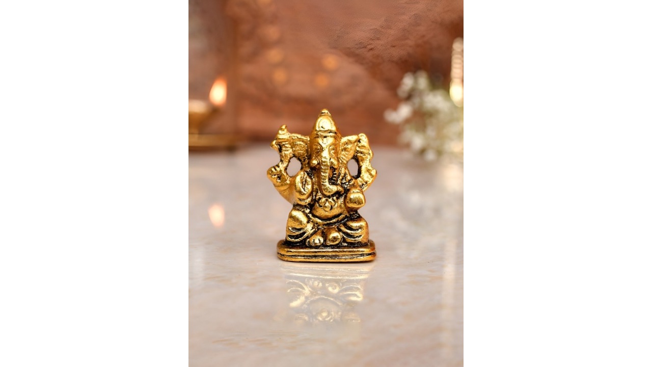 CraftVatikaGold-Toned Small Metal Religious Ganesh Idol Showpiece