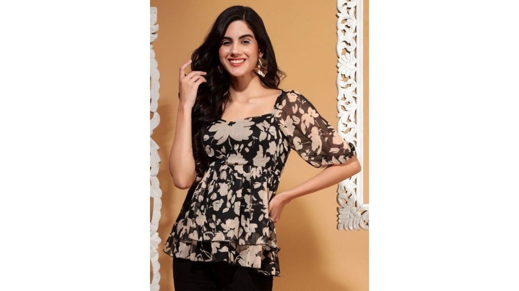 DRAPE AND DAZZLE Floral Printed Chiffon Peplum Top