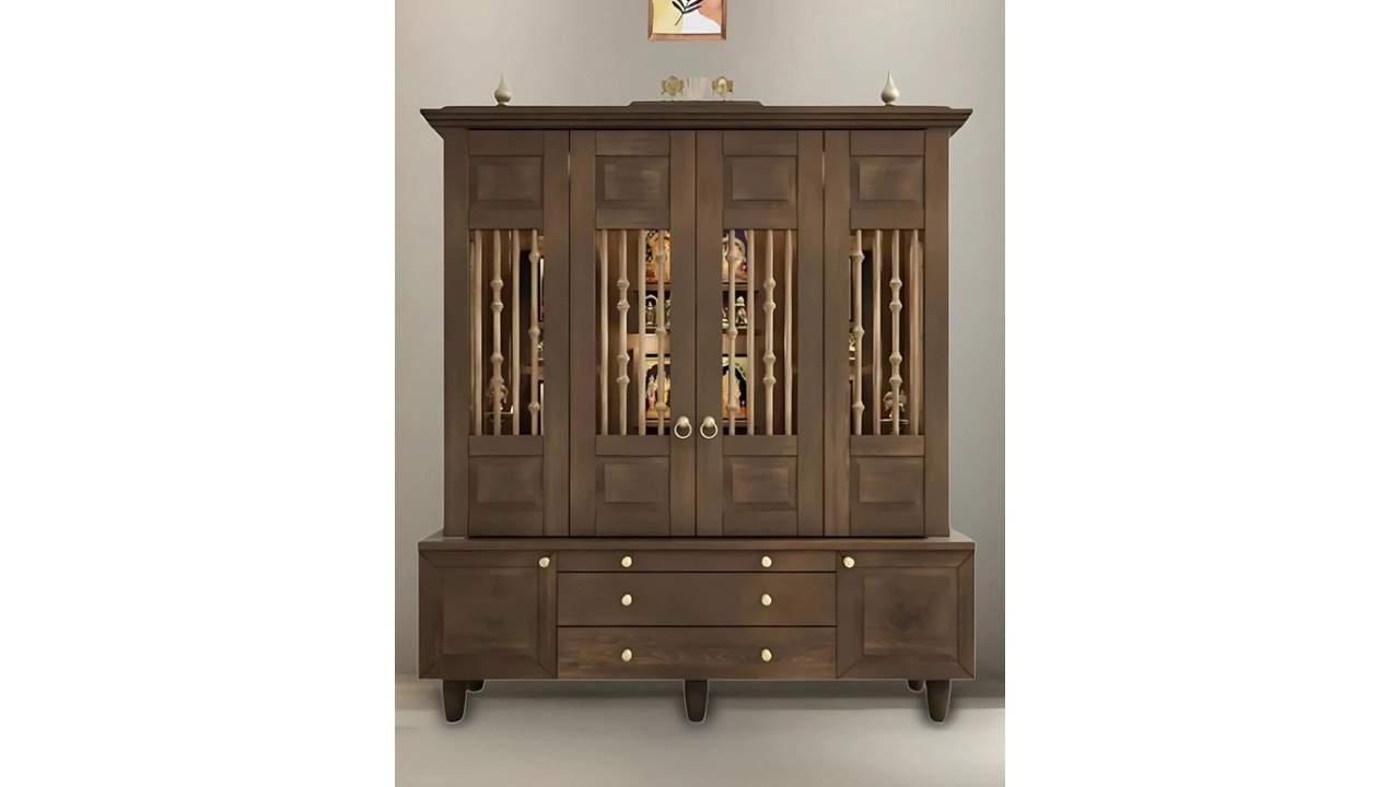 DZYN FurnituresAnandam Brown Teak Wood Floor Pooja Temple With Door