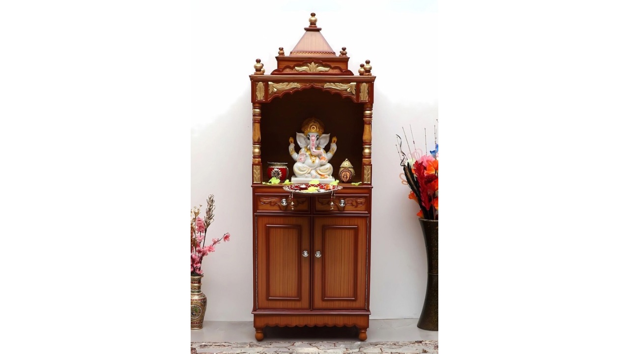 DZYN FurnituresSuramya Brown & Gold Toned Teak Wood Pooja Mandap
