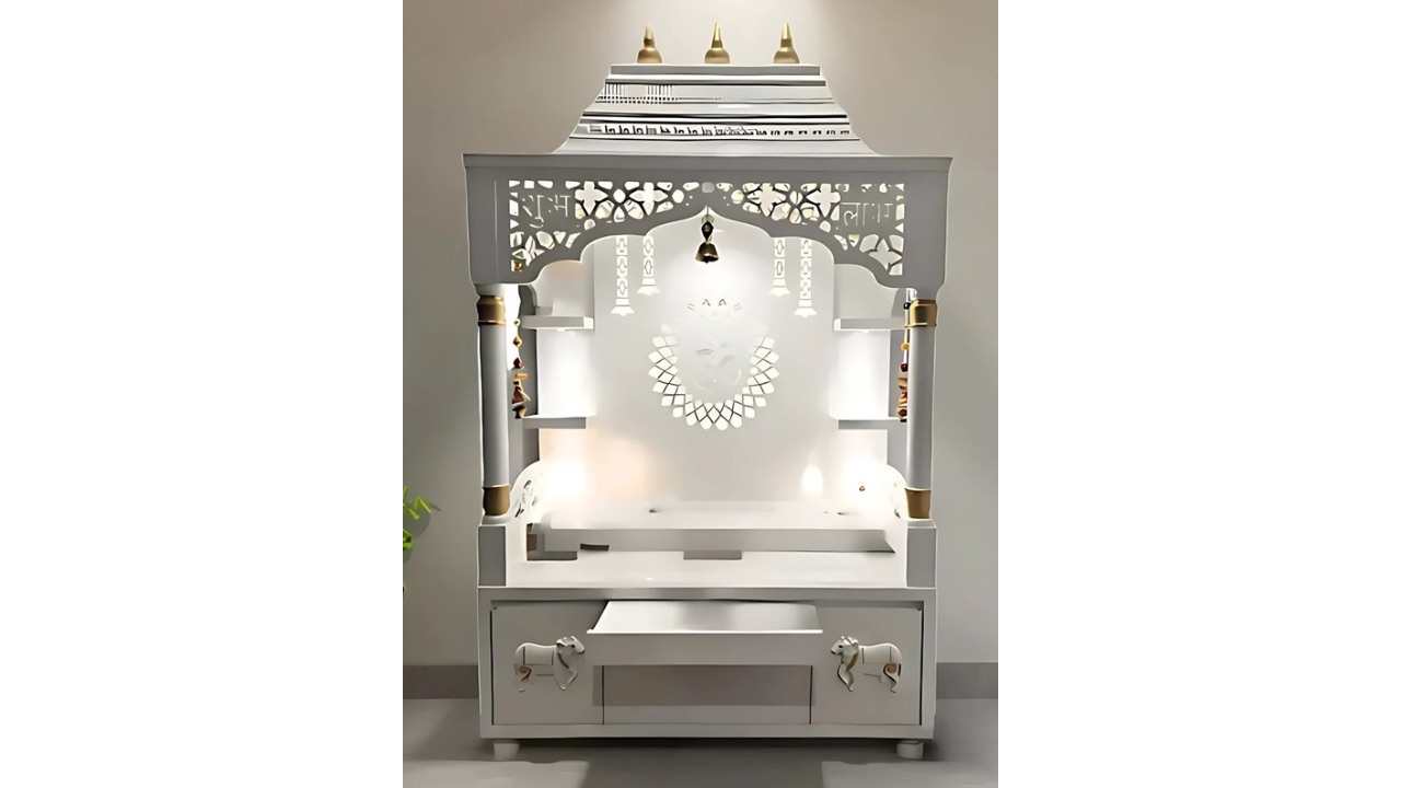 DZYN FurnituresWhite & Yellow Saarthaka Wooden Pooja Mandap