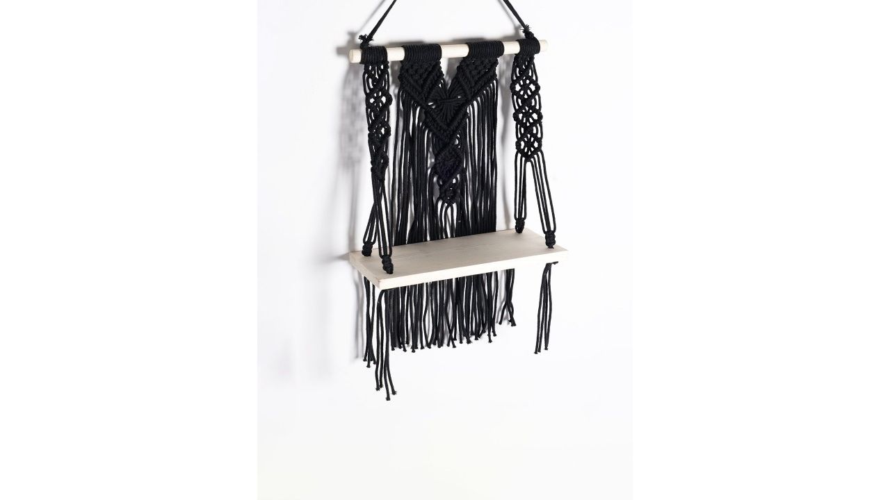 Decazone Black Wood Macrame Wall Shelf