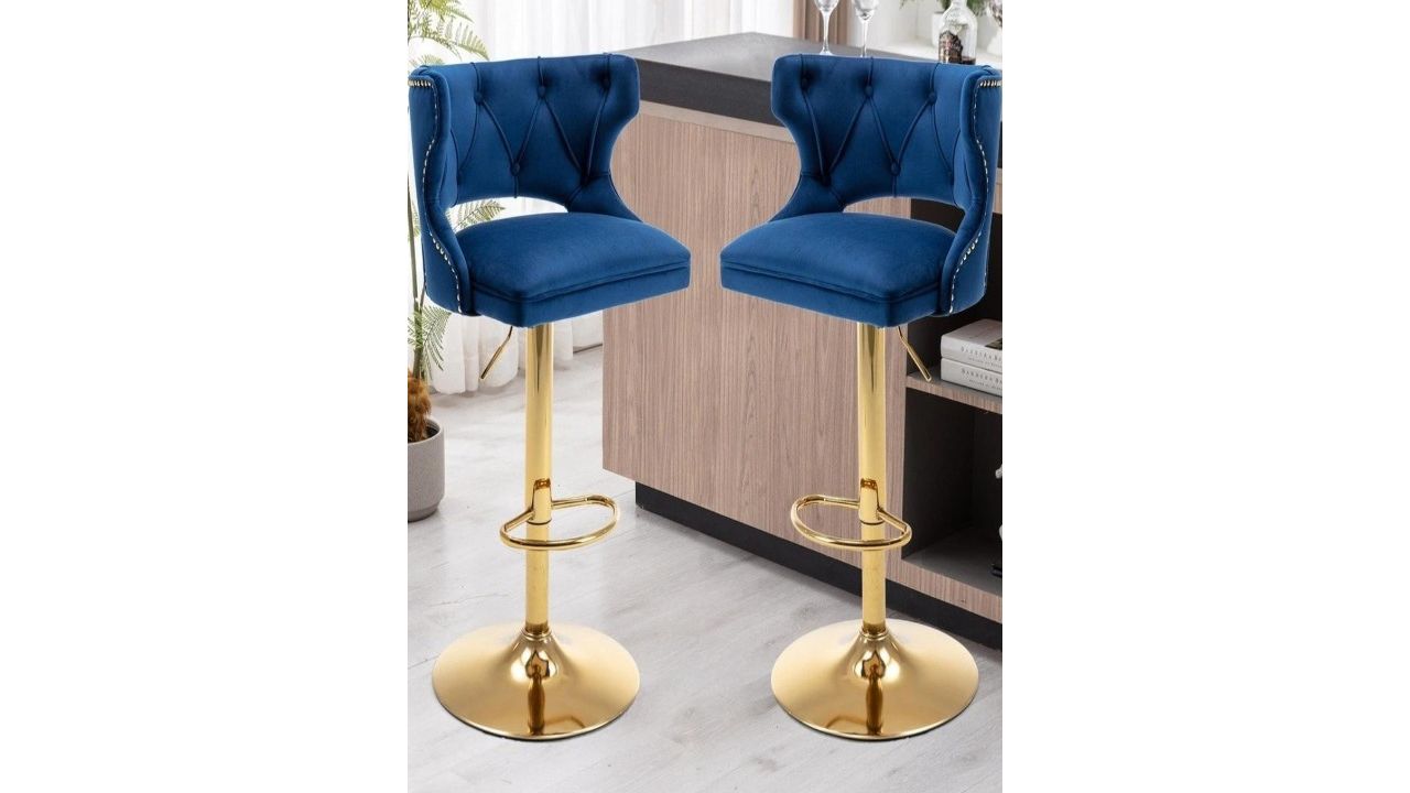 Doe Buck Velvet Tufted Bar Chairs with Golden Base | Blue