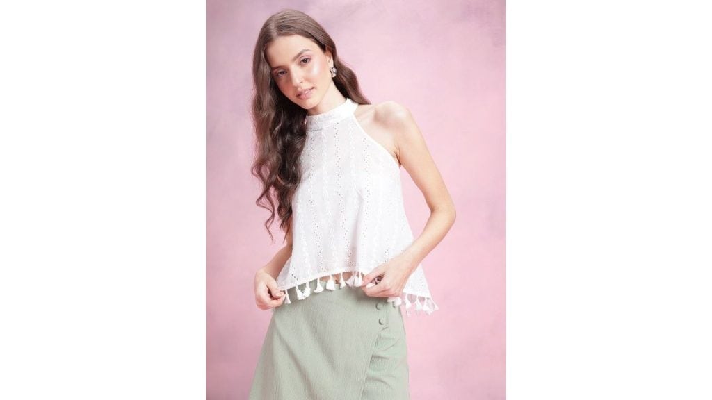 DressBerry Halter Neck Schiffli Tasseled Top