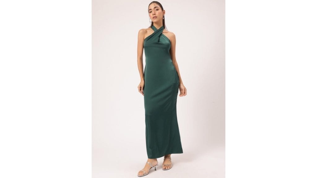 DressBerryLuxe Luster Halter Neck Satin-Finish Maxi Sheath Dress