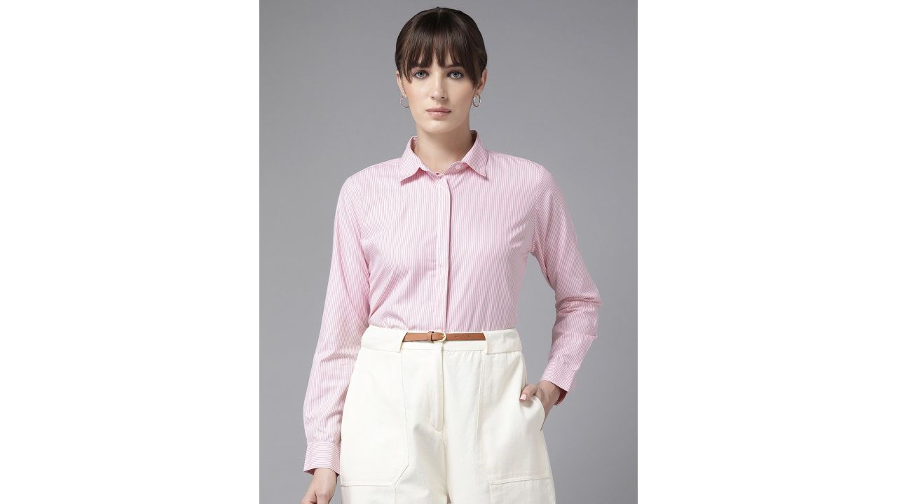 English Navy Pinstripes Striped Wrinkle Free Formal Shirt