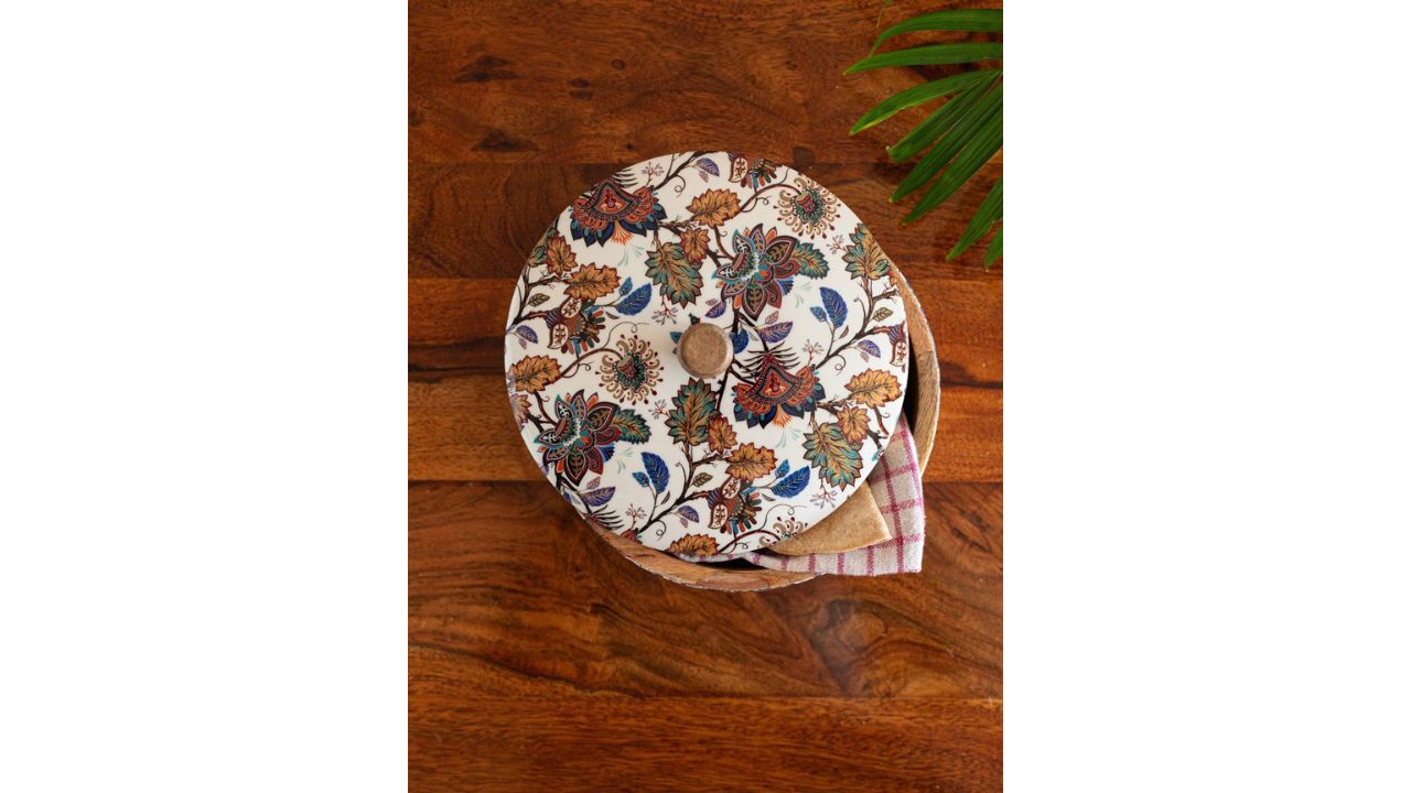 ExclusiveLaneFloral Chronicles White Floral Printed Mango Wood Chapati Box With Lid 1.14L