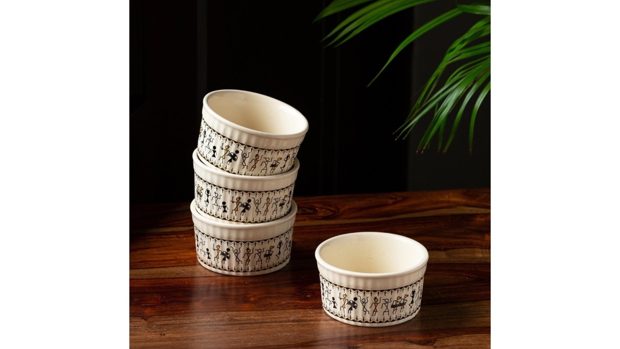 ExclusiveLaneWhite & Black Set of 4 Warli Printed Ceramic Dinner Bowls