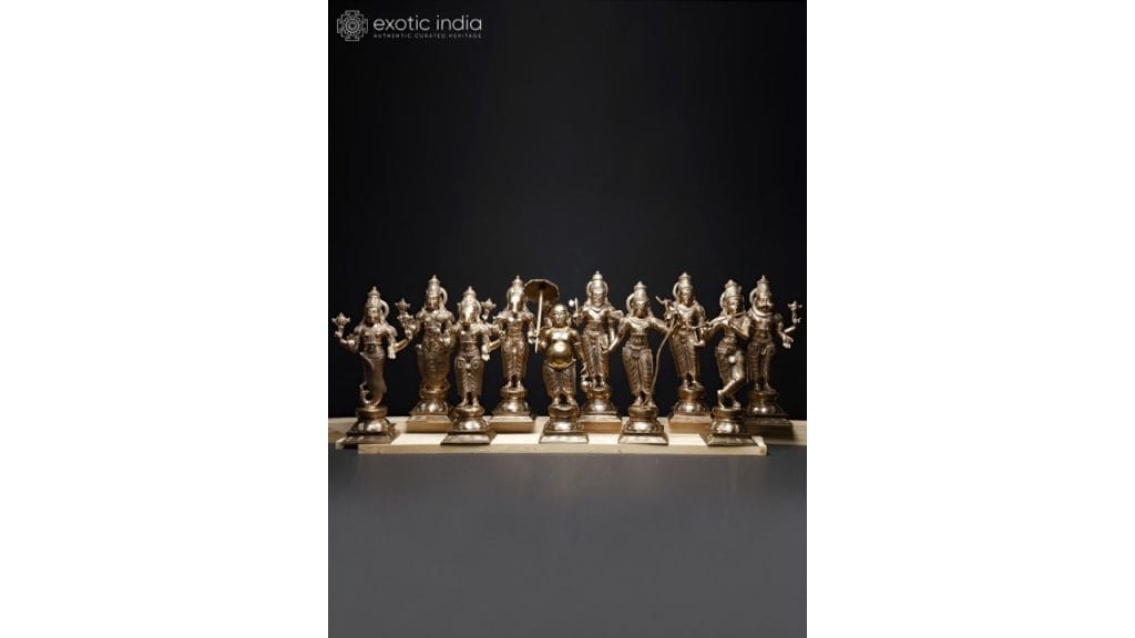 Exotic IndiaGold-Toned 10 Pieces Dashavatara of Lord Vishnu Religious Idol Showpiece