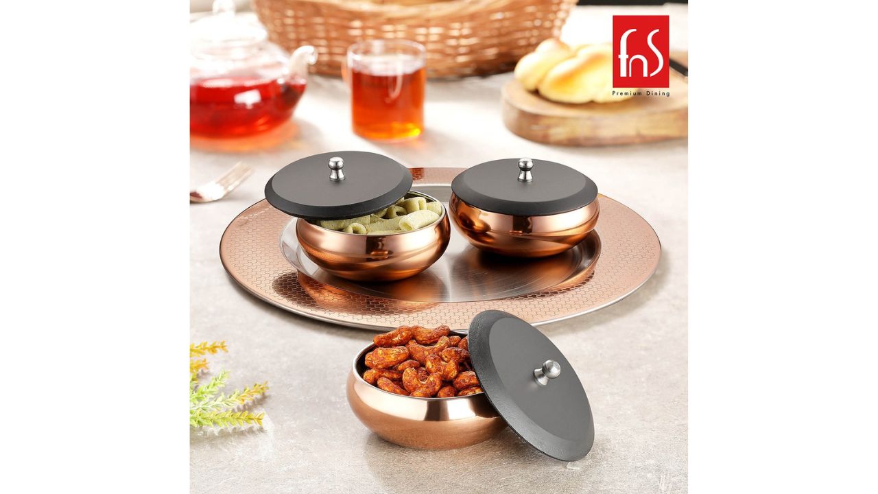 FNSSet of 3 Rose Gold Toned & Black Solid Georgia Serving Handi with Tray