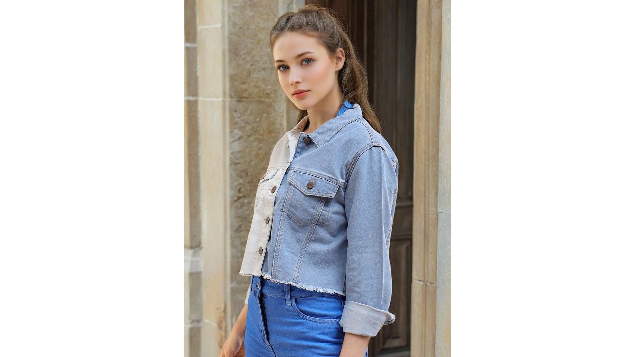Freehand by The Indian Garage Co. Colourblocked Cotton Crop Denim Jacket