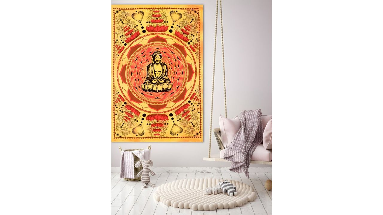 HANDICRAFT PALACE Yellow & Orange-Coloured Lord Buddha Printed Wall Hanging Tapestry