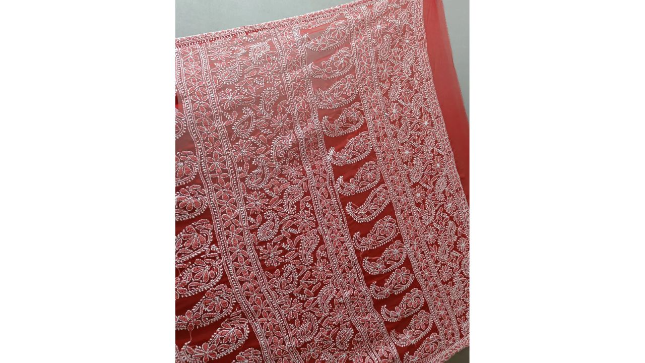 HEERANANDINI Clothing Embroidered Lucknow Chikankari Georgette Saree