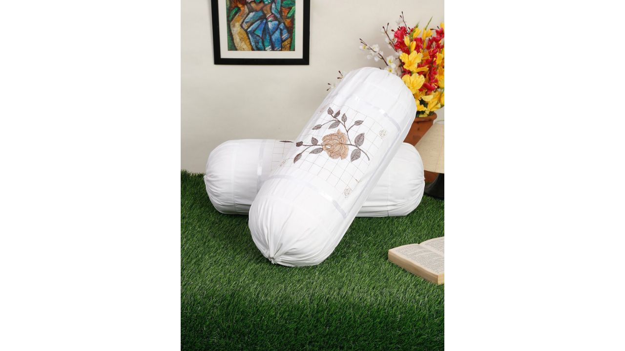 HOSTA HOMESSet Of 2 White Embroidered Pure Cotton Bolster Covers