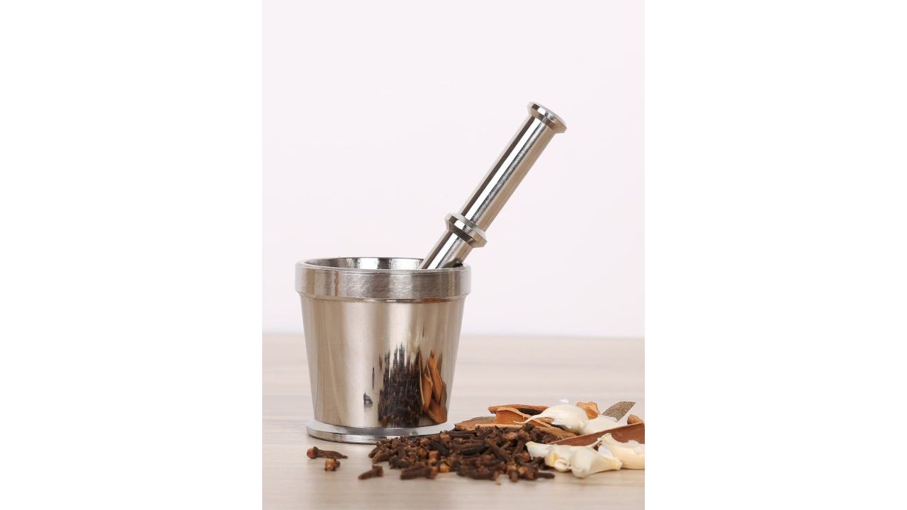 Home Centre Silver Solid Stainless Steel Mortar and Pestle Set