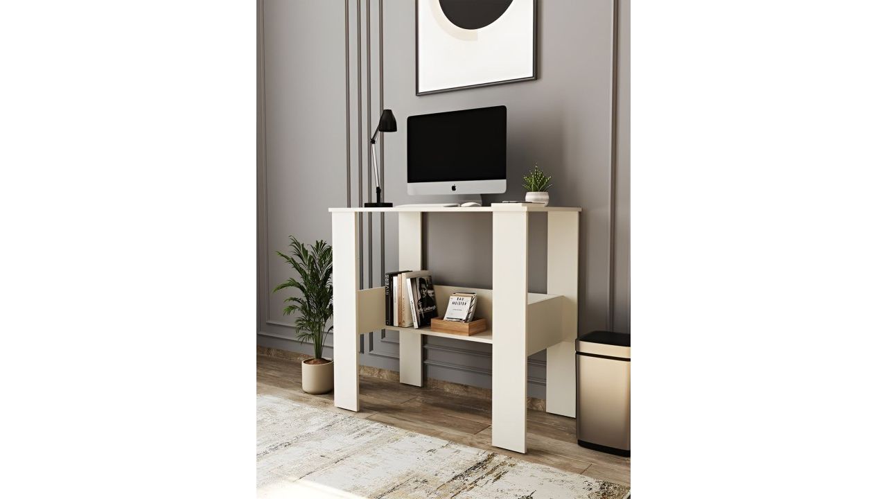 Homeeasy White Engineered Wood Study Table Computer Desk With Drawer & Shelves