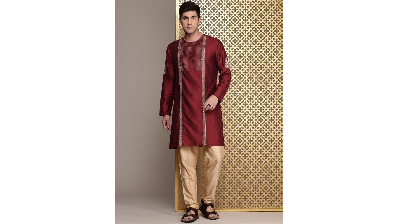 House of Pataudi Jashn Ethnic Motifs Embroidered Zari Work Angrakha Style Kurta