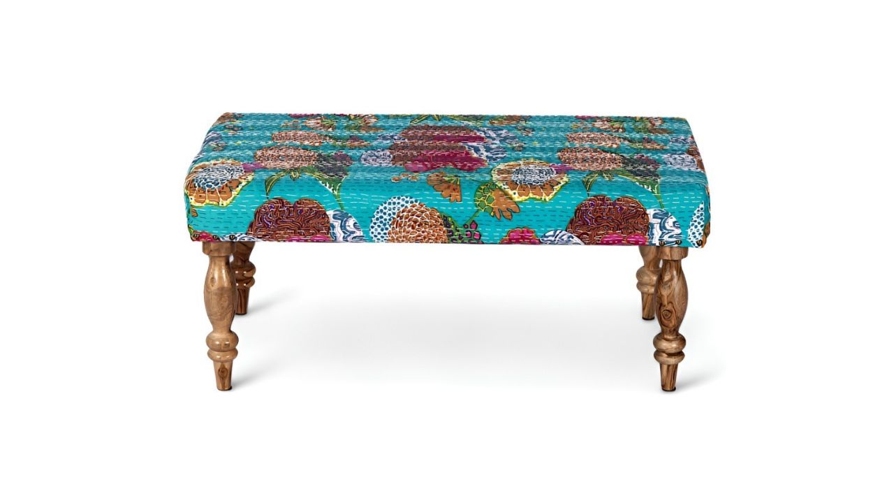 IkiriyaBestone Sheesham Wood Mid Century 2 Seater Bench In Sea Green Fruit Print Kantha