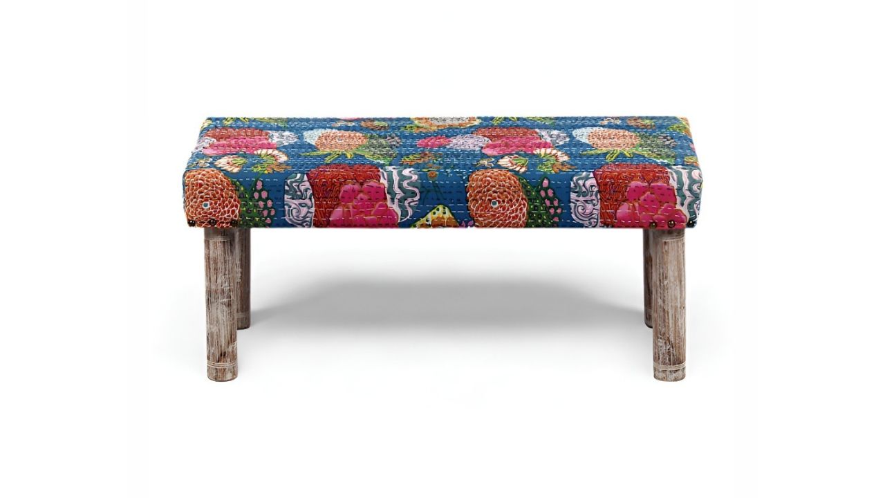 IkiriyaCamilla Sheesham Wood Mid Century 2 Seater Bench In Fruit Print Blue Kantha