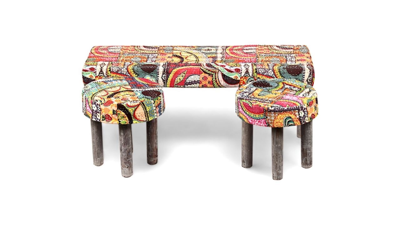 IkiriyaSheesham Wood 3+1+1 Seat Bench Set With 2 Stools In Israel Patch Print Kantha