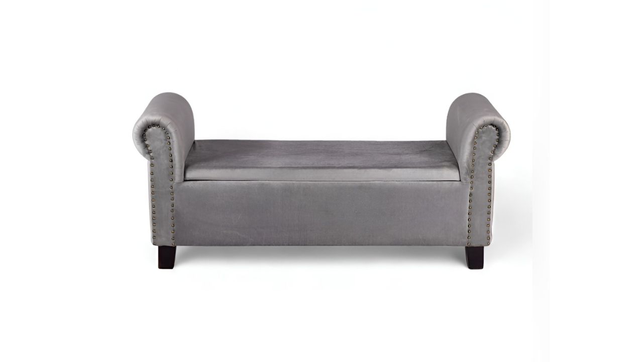 IkiriyaSheesham Wood Accent 2 Seater Couch : Bench With Storage In Iron Grey Velvet