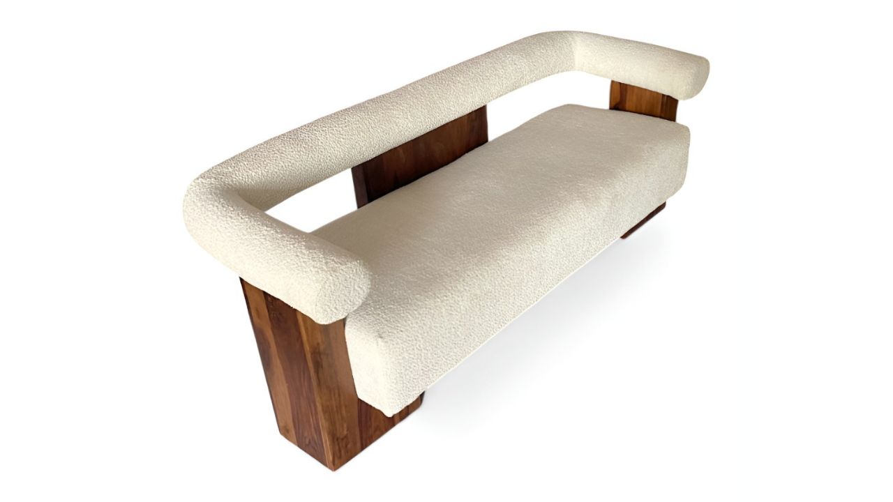 IkiriyaSolid Wood Mid Century 3 Seater Sofa In Off White Soft Boucle Fabric Upholstery