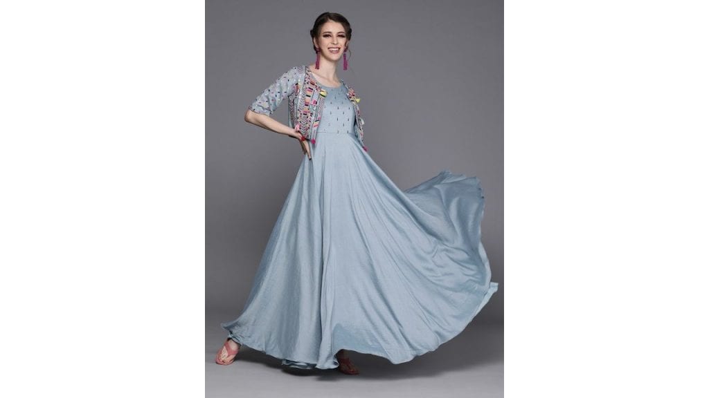 Inddus Blue Embroidered Gown with Heavy Embroidered Jacket