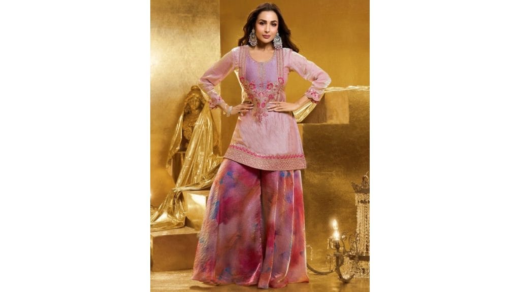 InddusWomen Embroidered Crushed Oraganza Silk Top with Palazzo