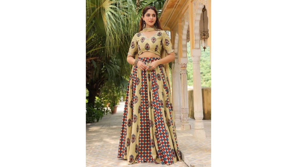 Janasya Printed Sequinned Pure Cotton Ready to Wear Lehenga & Blouse With Dupatta