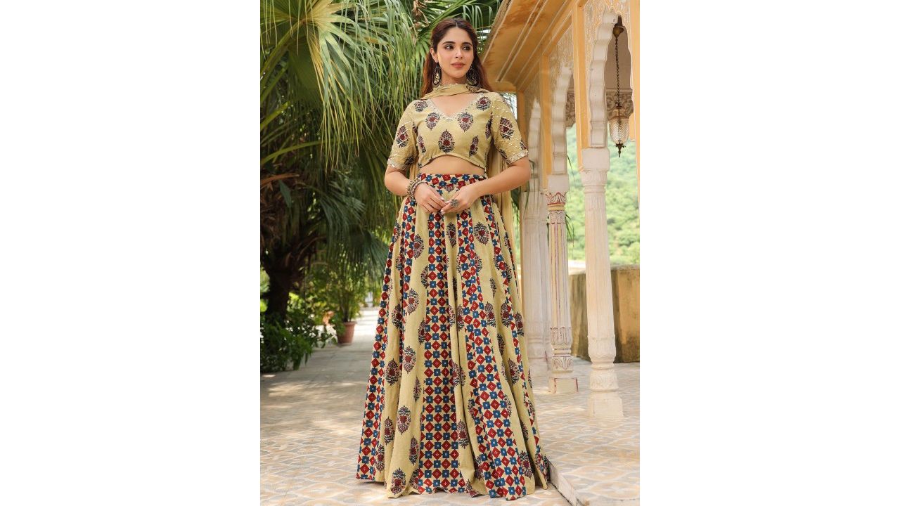 Janasya Printed Sequinned Pure Cotton Ready to Wear Lehenga & Blouse With Dupatta