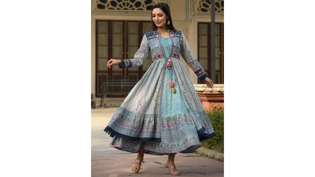 Juniper Blue Printed Cotton Maxi Dress With Jacket