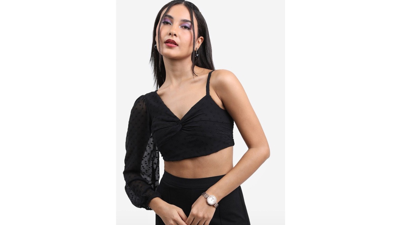 KETCHSelf Design One Shoulder Puff Sleeves Bralette Crop Top