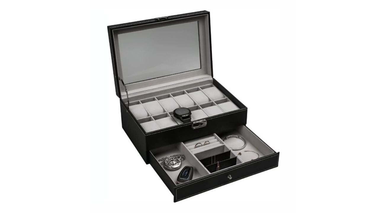 KriShyam Black Double-Layer 12 Slot Watch Box & Jewelry Tray
