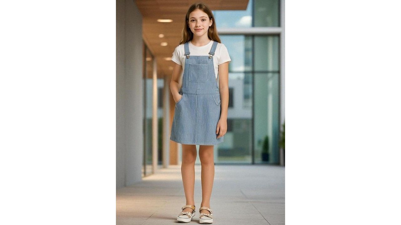 Kryptic Girls Pure Cotton Striped Denim Pinafore Dress