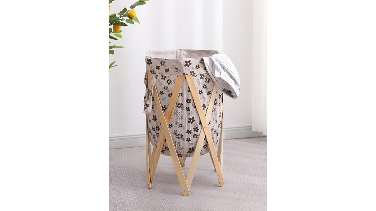 Kuber Industries Beige Printed Foldable Laundry Basket With Stand
