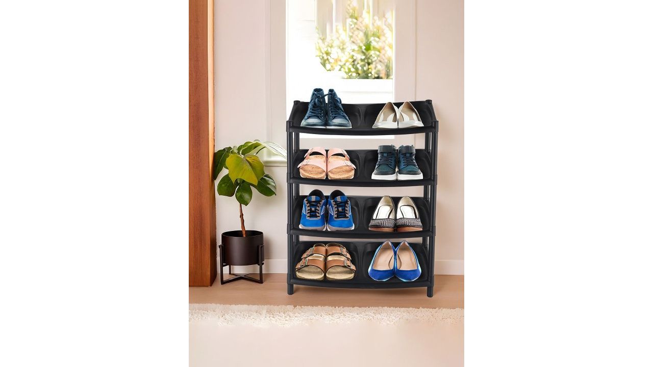 Kuber Industries Black Collapsible 4-Layer 8-Compartment Shoes Rack Footwear Stand
